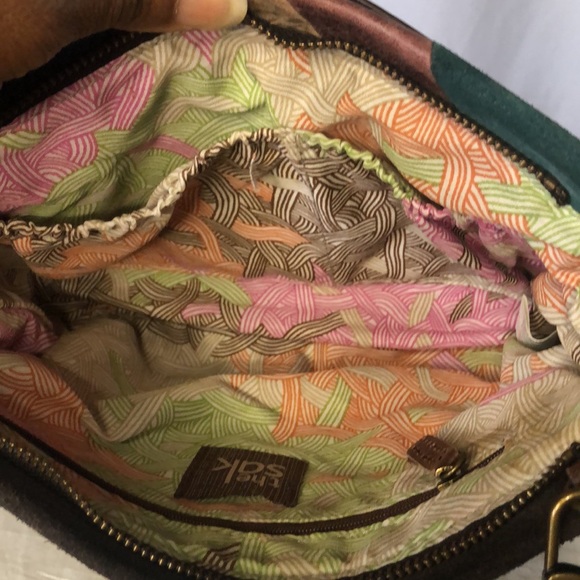 THE SAK brown, green,and blue leather and suede shoulder bag. Detachable straps. - Picture 11 of 12